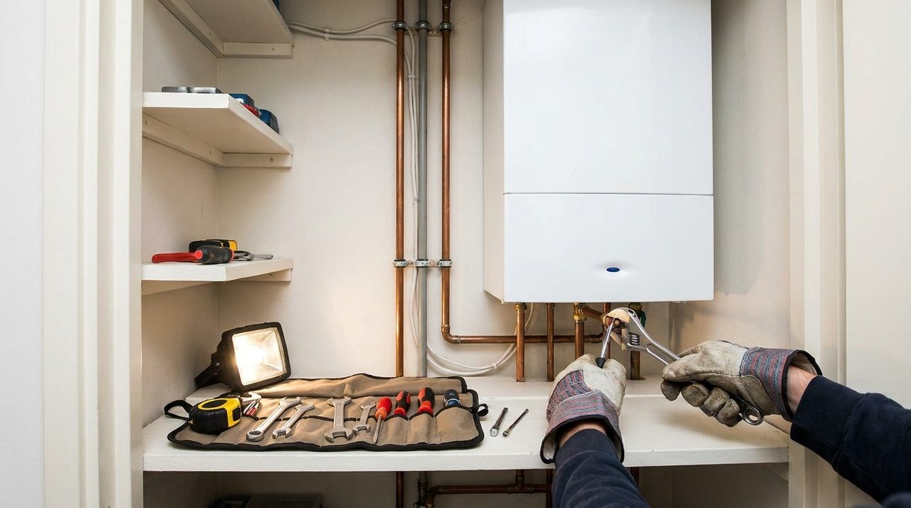 Monteur werkt aan een moderne cv-ketel in een Nederlandse woning